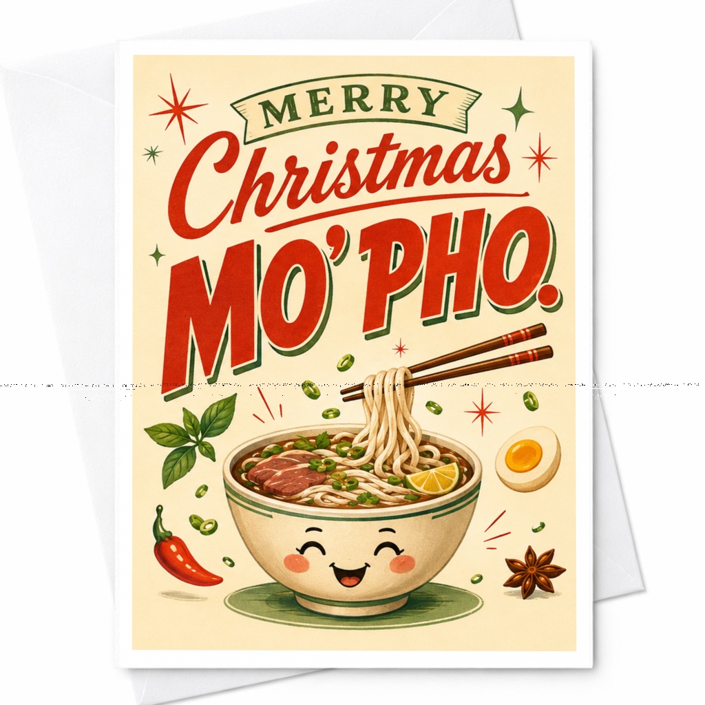Merry Christmas Mo' Pho Funny Christmas Card Cute Holiday Greeting Card For Food Lovers Noodle Soup C6292