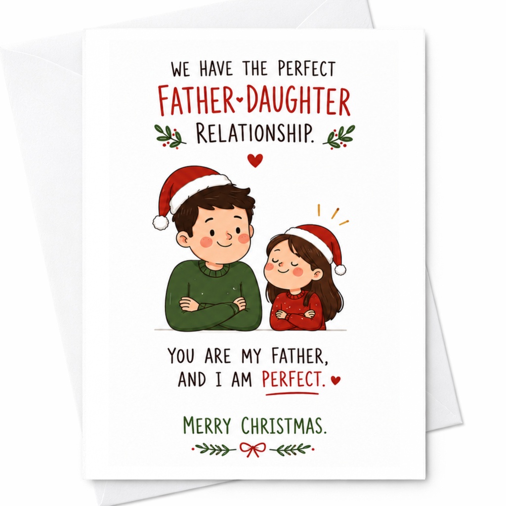 We Have The Perfect Father-Daughter Relationship Christmas Card Dad From Daughter Cute Holiday Card Santa Hats C6294