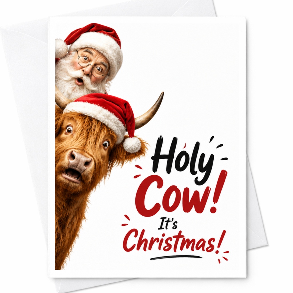 Holy Cow! It's Christmas! Funny Christmas Card Santa And Cow With Santa Hats Holiday Greeting Card For Friends Family C6312