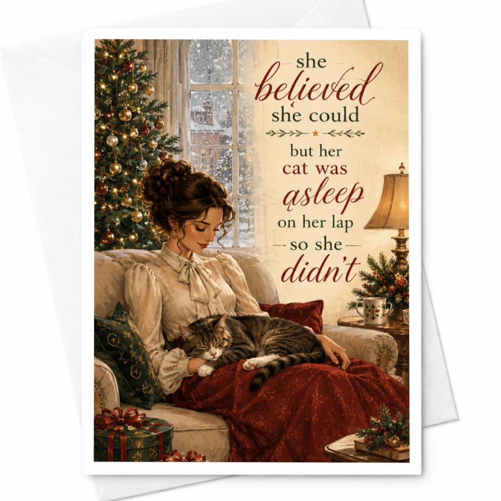 She Believed She Could But Her Cat Was Asleep Funny Christmas Card Cat Lover Holiday Greeting Card Cozy Winter Scene C6325