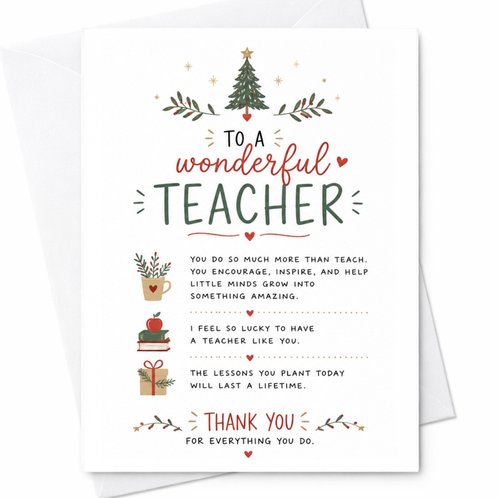To A Wonderful Teacher Thank You Card Teacher Appreciation Card For Mentor Inspirational Greeting Card Christmas C6338