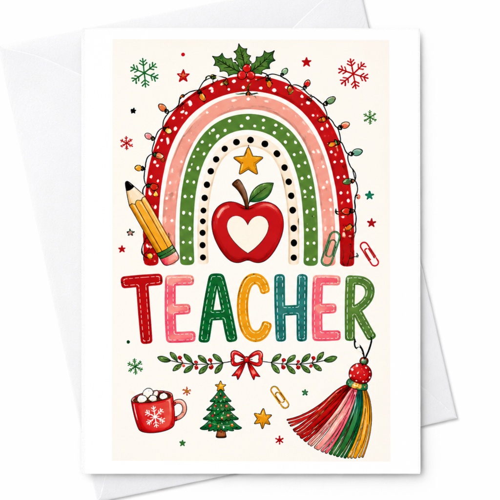 Teacher Christmas Card Holiday Greeting Card For Teacher Appreciation Cute Rainbow Apple Festive Card C6339