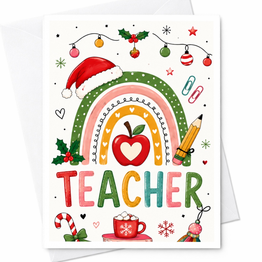 Teacher Christmas Card Cute Holiday Greeting Card For Teacher Appreciation Festive Rainbow Apple C6340
