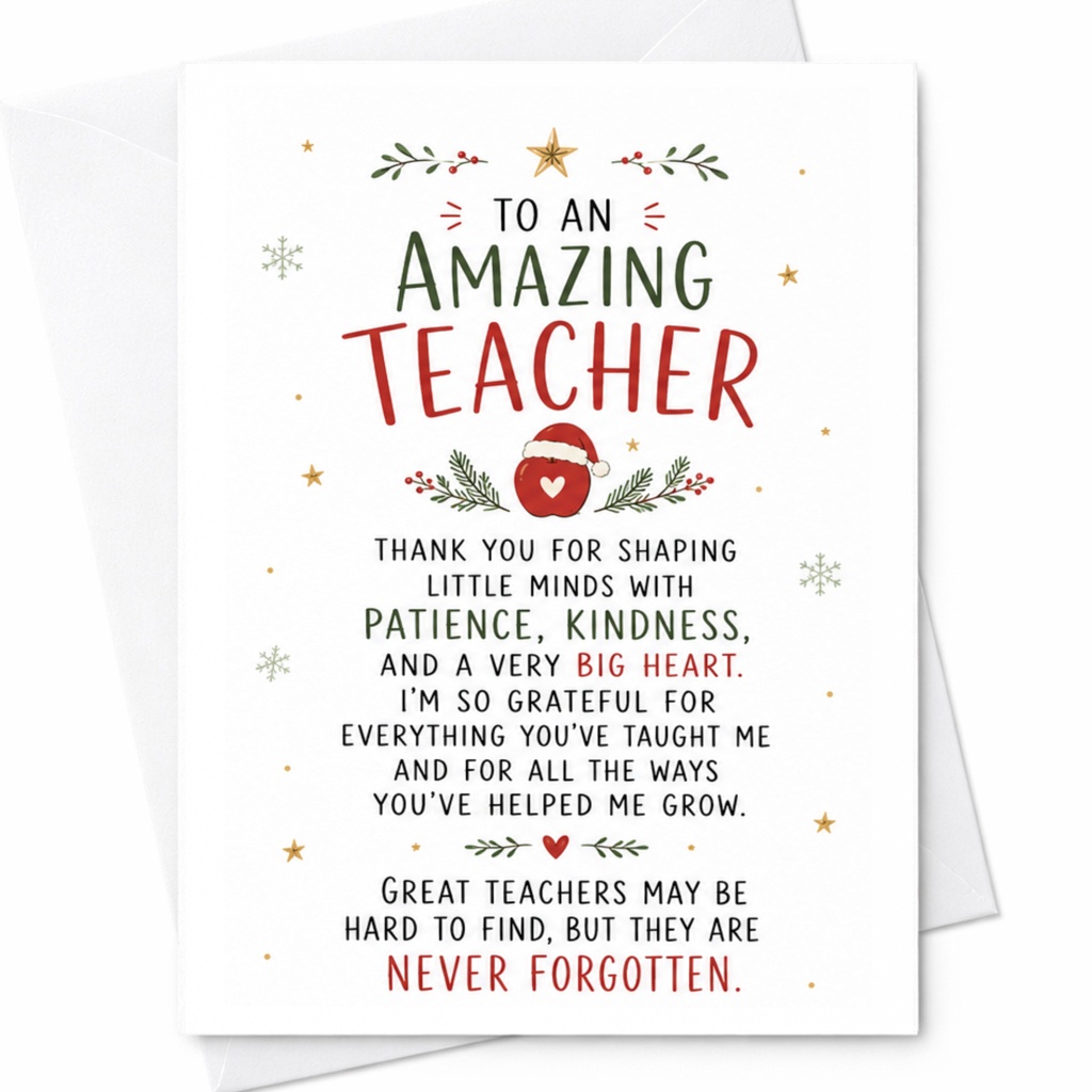 To An Amazing Teacher Thank You Card Teacher Appreciation Greeting Card Gratitude Card For Mentor Christmas Holiday Card C6341