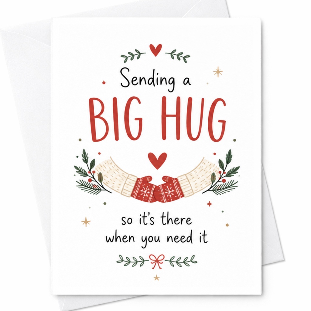 Sending A Big Hug So It's There When You Need It Thinking Of You Card Cute Winter Mittens Heartwarming Greeting Card C6361