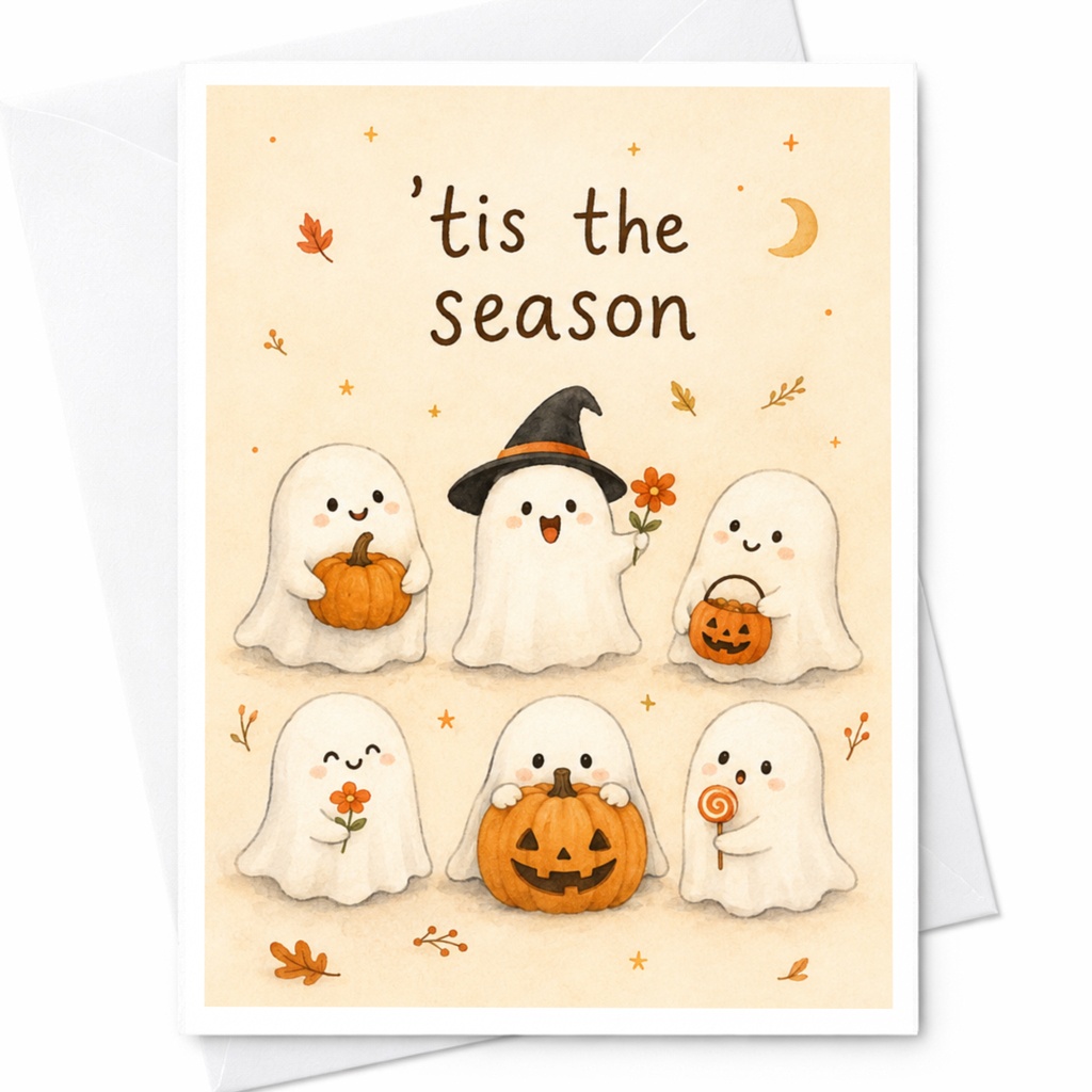 Tis The Season Halloween Card Cute Ghosts With Pumpkins Autumn Greeting Card Spooky Fun For Kids And Adults C6264