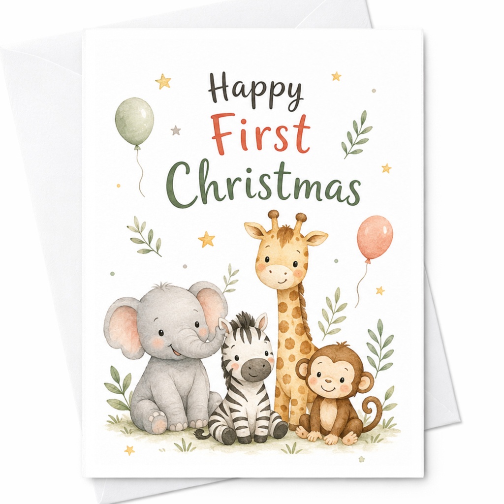 Happy First Christmas Cute Animal Card Baby's First Christmas Greeting Card Adorable Elephant Giraffe Monkey Zebra C6369
