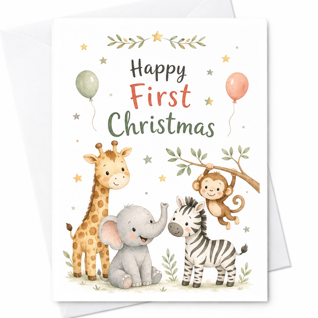 Happy First Christmas Cute Animal Card Baby's First Christmas Card Giraffe Elephant Zebra Monkey Balloons Holiday Card C6370