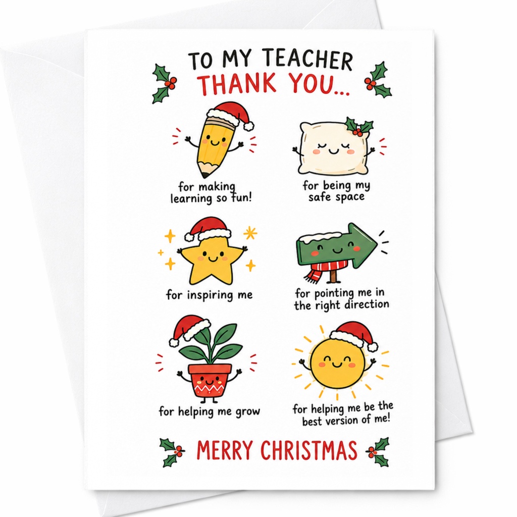 To My Teacher Thank You... Merry Christmas Cute Teacher Appreciation Card Christmas Card For Teacher Holiday Greeting Card C6274