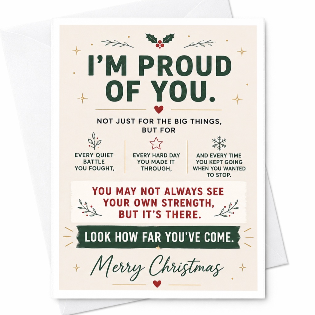 I'm Proud Of You. Merry Christmas Encouragement Card Holiday Greeting Card Inspirational Message For Friend Family Supportive C6372