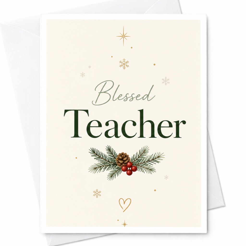 Blessed Teacher Christmas Card Holiday Greeting Card For Teacher Appreciation Pinecone Berries Festive Card C6285