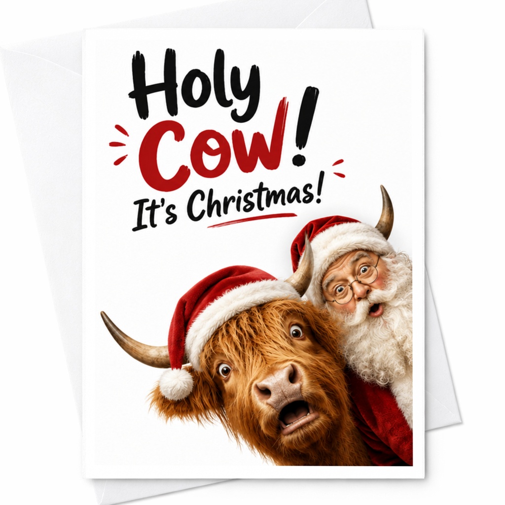 Holy Cow! It's Christmas! Funny Christmas Card Santa And Cow In Santa Hats Holiday Greeting Card For Friends C6311