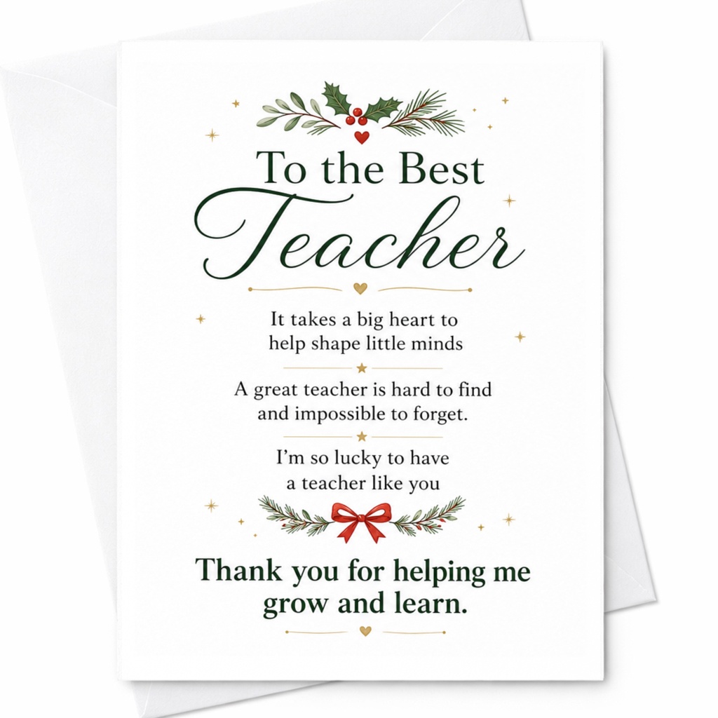 To The Best Teacher Thank You Card Teacher Appreciation Card Holiday Greeting Card For Teacher From Student Christmas Card C6313