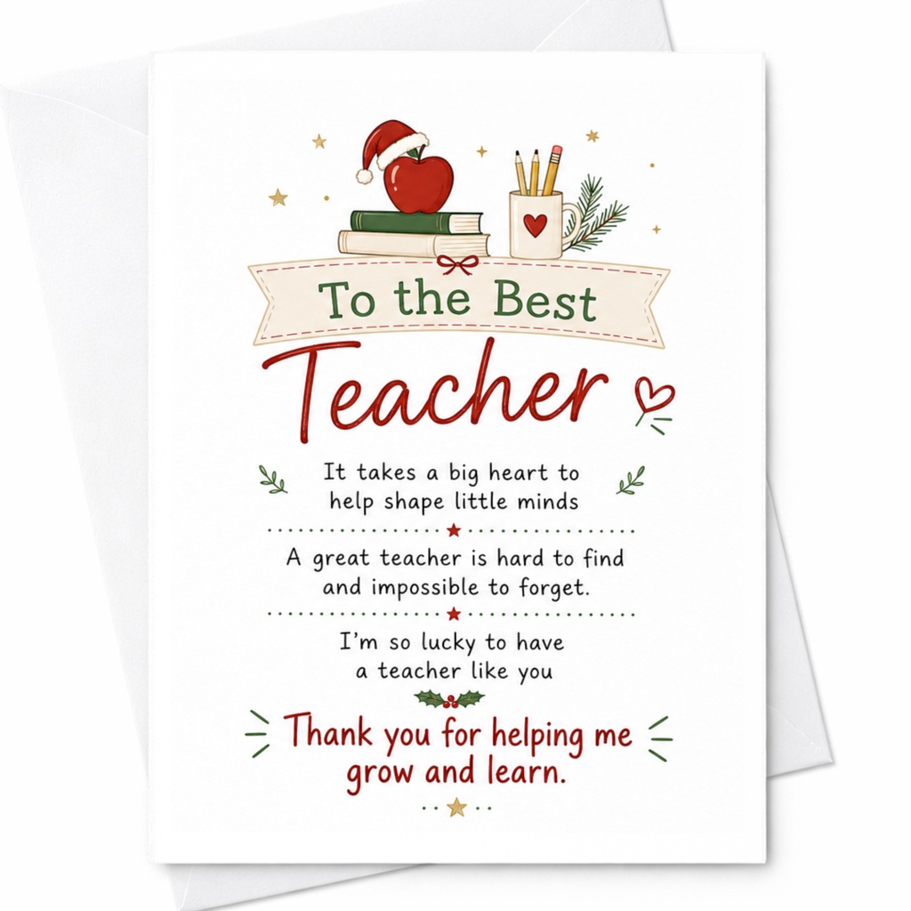 To The Best Teacher Thank You Card Teacher Appreciation Card Holiday Greeting Card For Teacher Christmas Card C6314