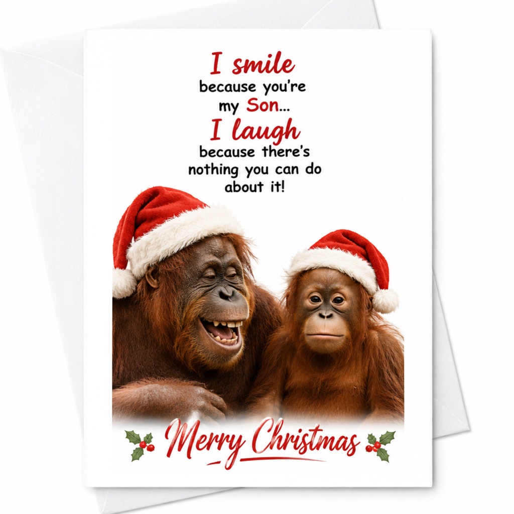 I Smile Because You're My Son Christmas Card Funny Holiday Greeting Card For Son Cute Orangutan Santa Hat C6317