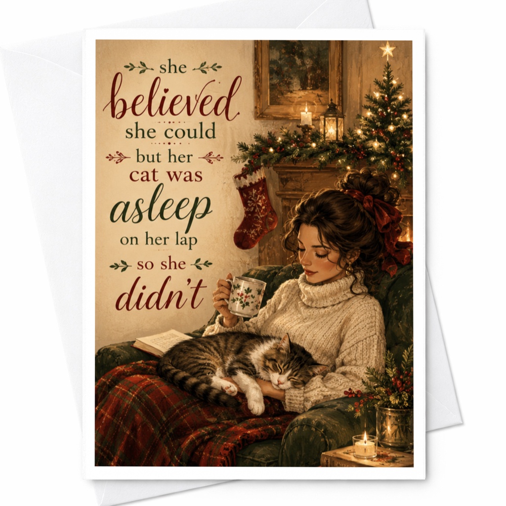 She Believed She Could But Her Cat Was Asleep Funny Christmas Card Cozy Cat Lover Holiday Greeting Card For Her Cute Winter C6326