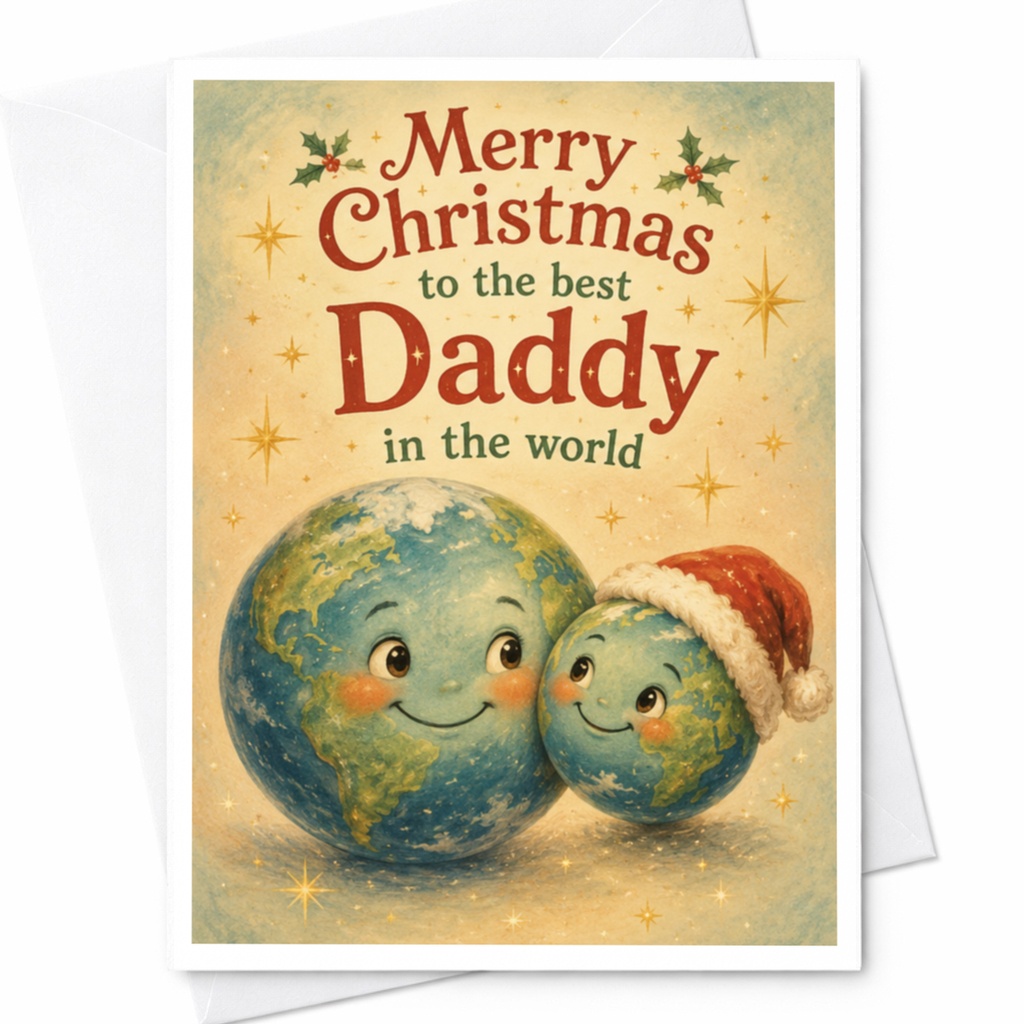 Merry Christmas To The Best Daddy In The World Cute Christmas Card For Dad Holiday Greeting Card Earth With Santa Hat C6333
