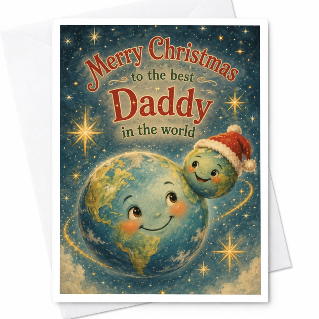 Merry Christmas To The Best Daddy In The World Christmas Card Cute Earth And Moon For Dad From Kids Holiday Greeting C6334