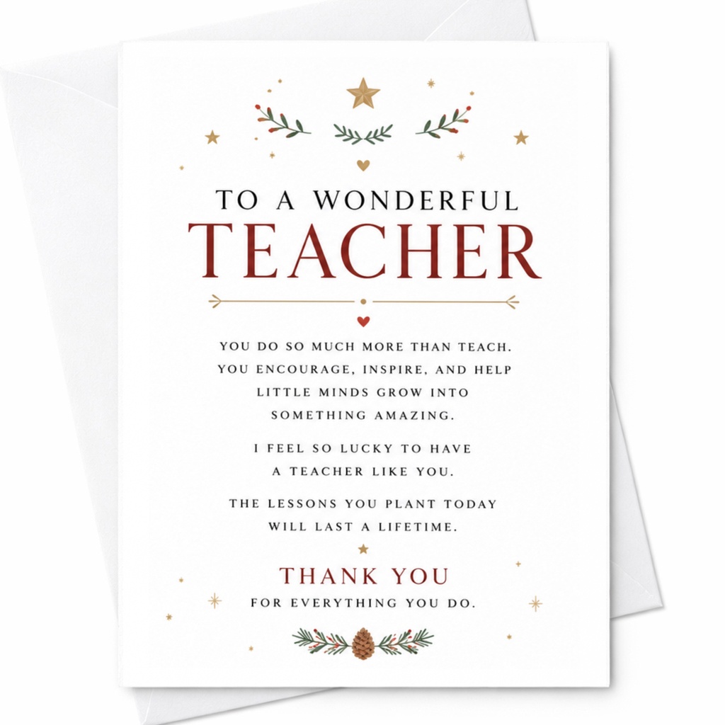 To A Wonderful Teacher Thank You Card Teacher Appreciation Greeting Card Inspirational Card For Mentor Educator C6337