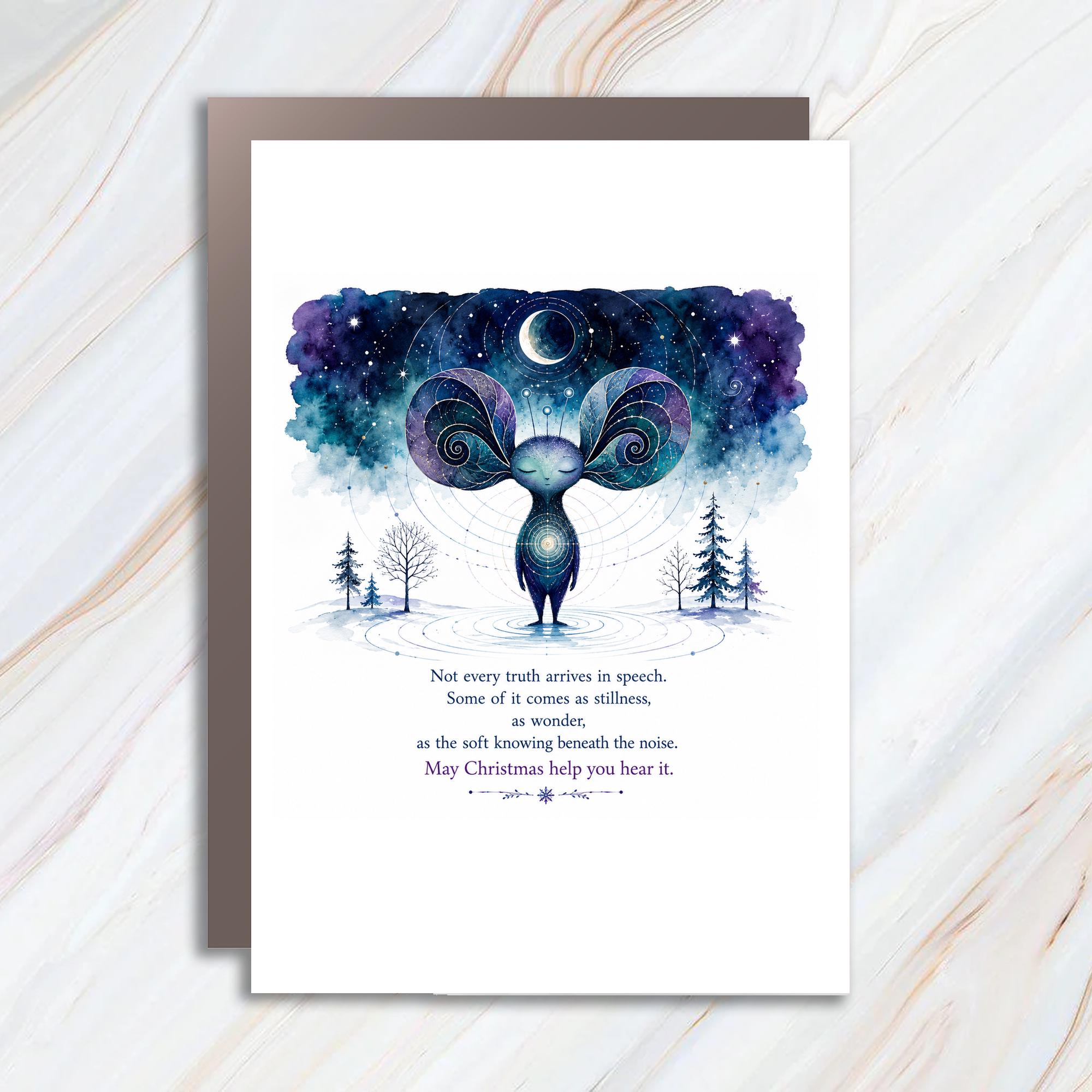 Not Every Truth Arrives In Speech Christmas Card Whimsical Creature Under Moonlit Sky Holiday Greeting Card For Loved Ones C1418