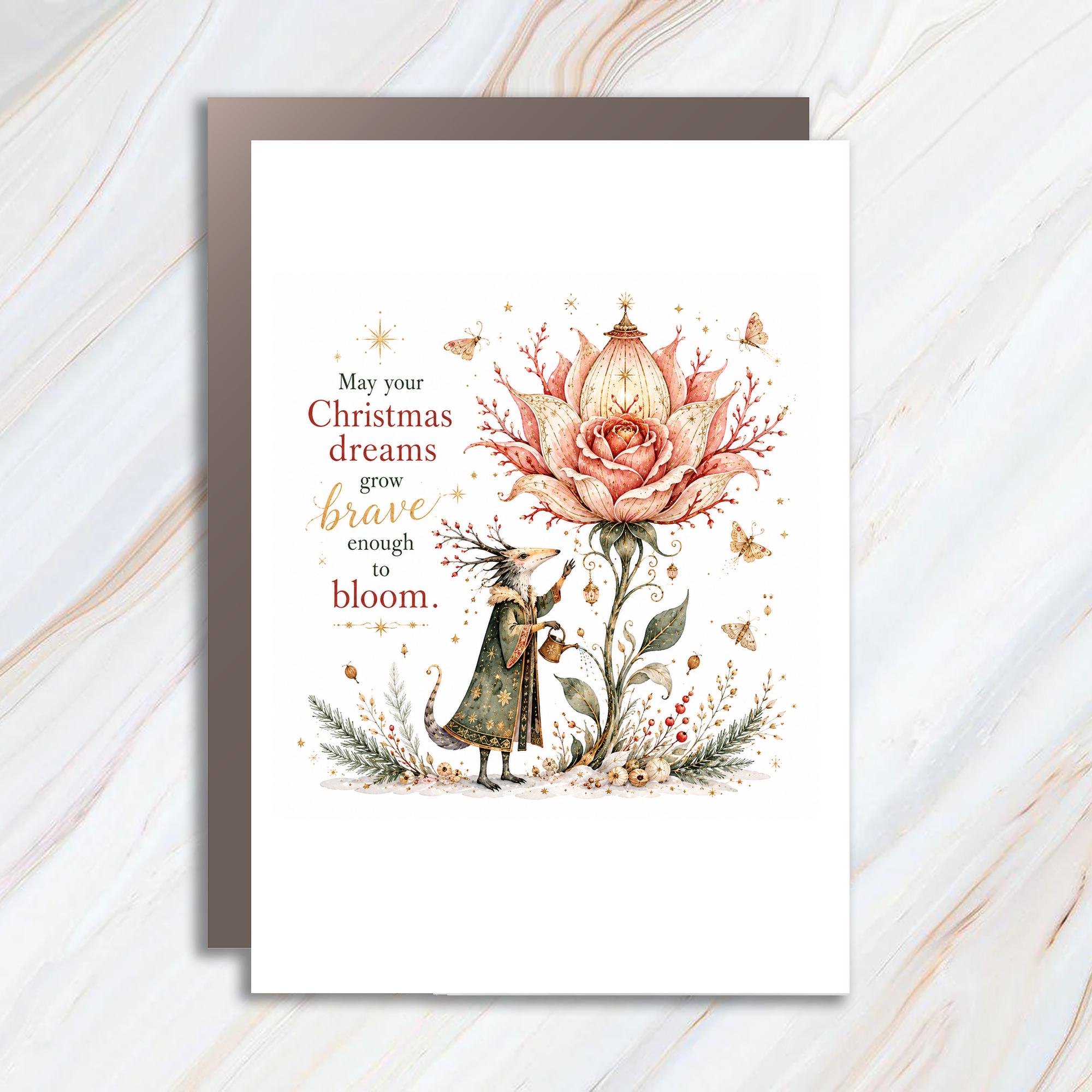 May Your Christmas Dreams Grow Brave Enough To Bloom Christmas Card Fantasy Animal Art Holiday Greeting Card For Her C1421