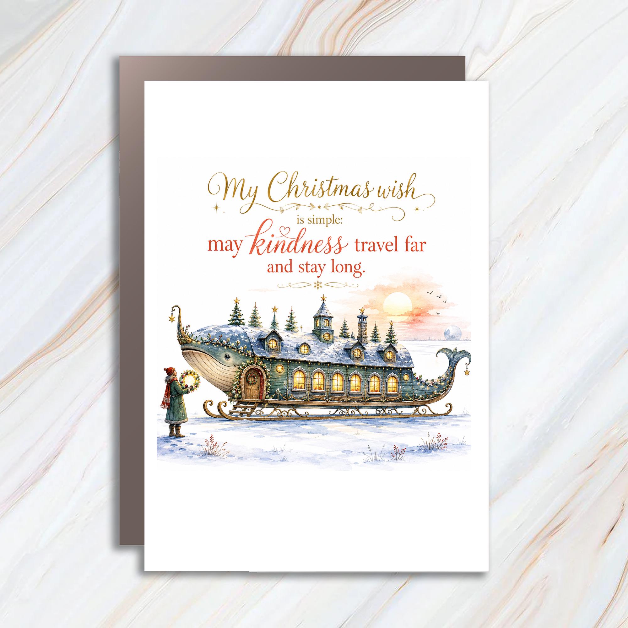 My Christmas Wish Is Simple: May Kindness Travel Far And Stay Long Christmas Card Whimsical Holiday Greeting Card C1422