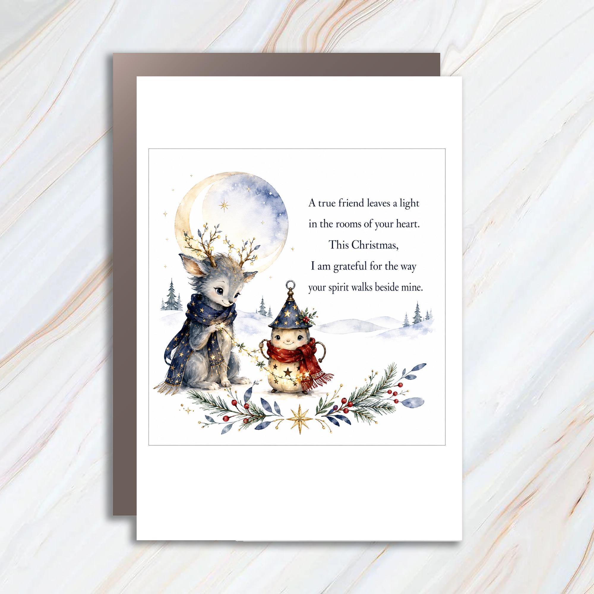 A True Friend Leaves A Light Christmas Card Woodland Creature Lantern Holiday Greeting Card For Friend Heartfelt Xmas Card C1439