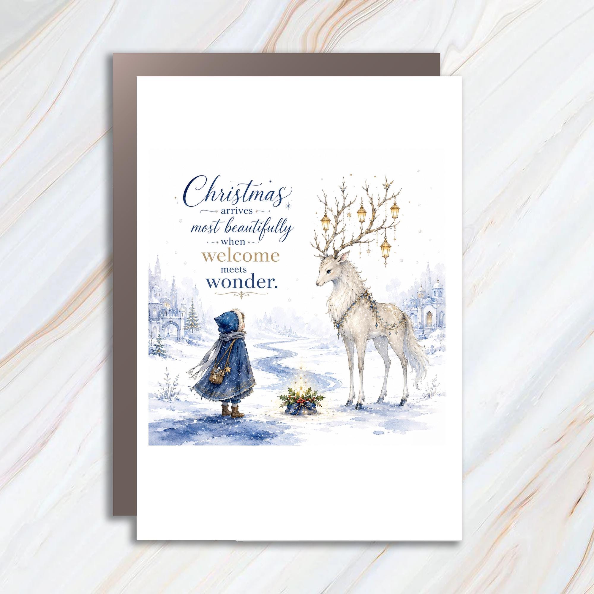 Christmas Arrives Most Beautifully When Welcome Meets Wonder Christmas Card Winter Scene Reindeer Holiday Greeting Card C1424