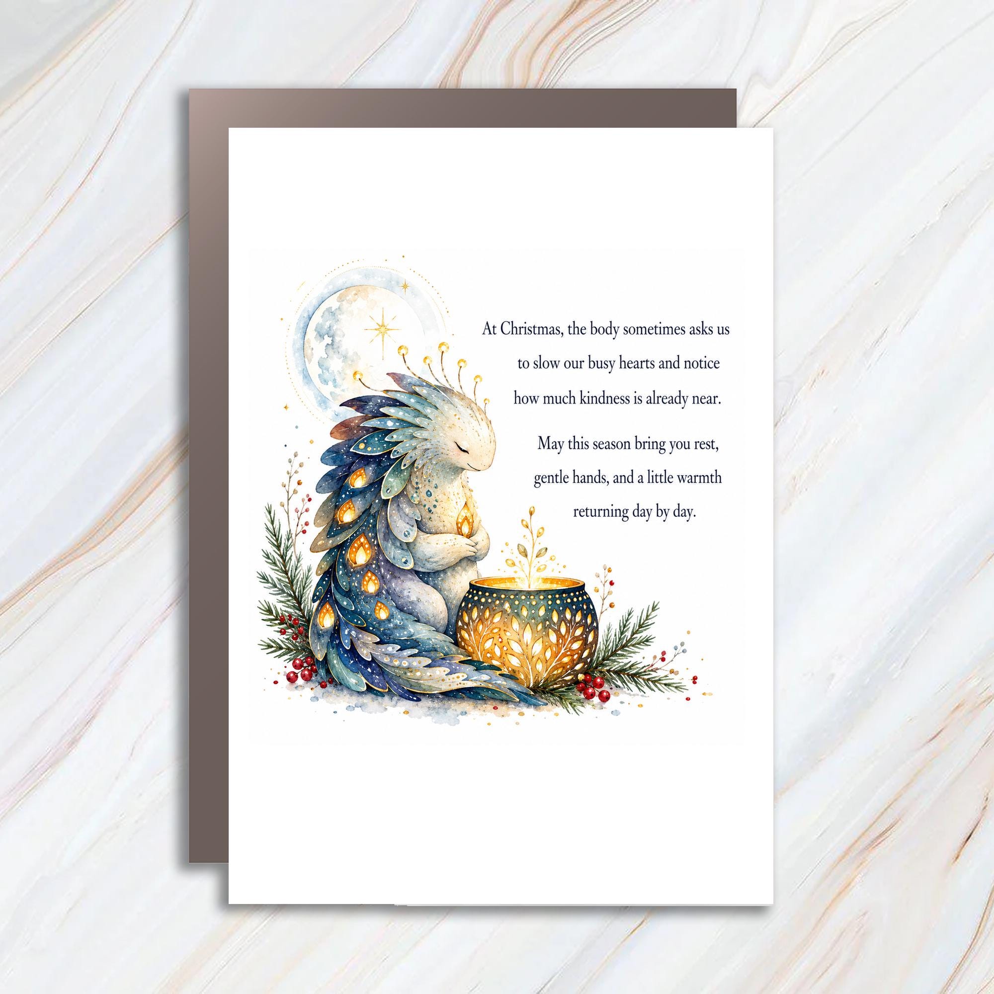 At Christmas, The Body Sometimes Asks Us To Slow Our Busy Hearts Christmas Card Mythical Creature Candle Holiday Greeting Card C1448