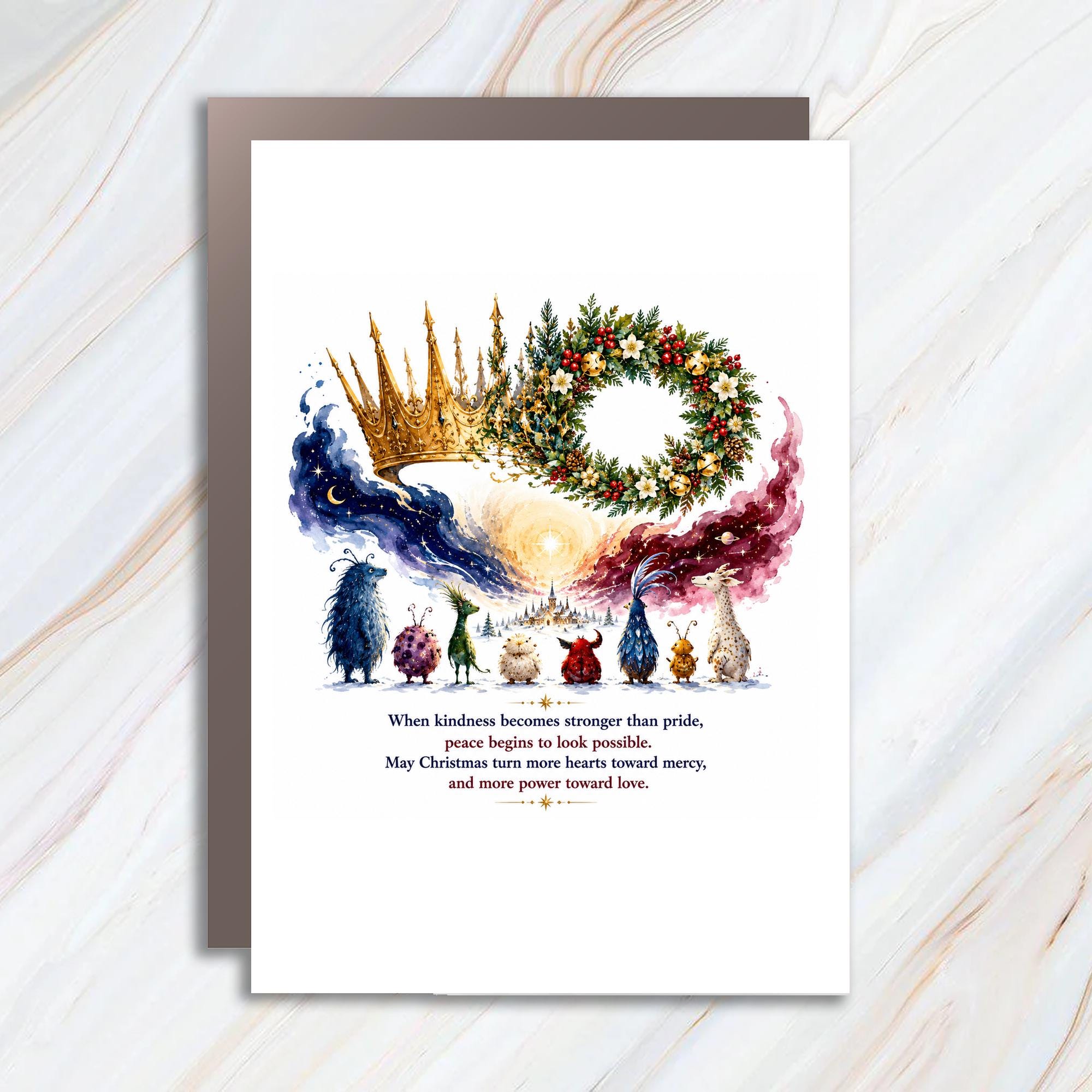 When Kindness Becomes Stronger Christmas Card Peace Love Holiday Greeting Whimsical Creatures Festive Crown Wreath C1449