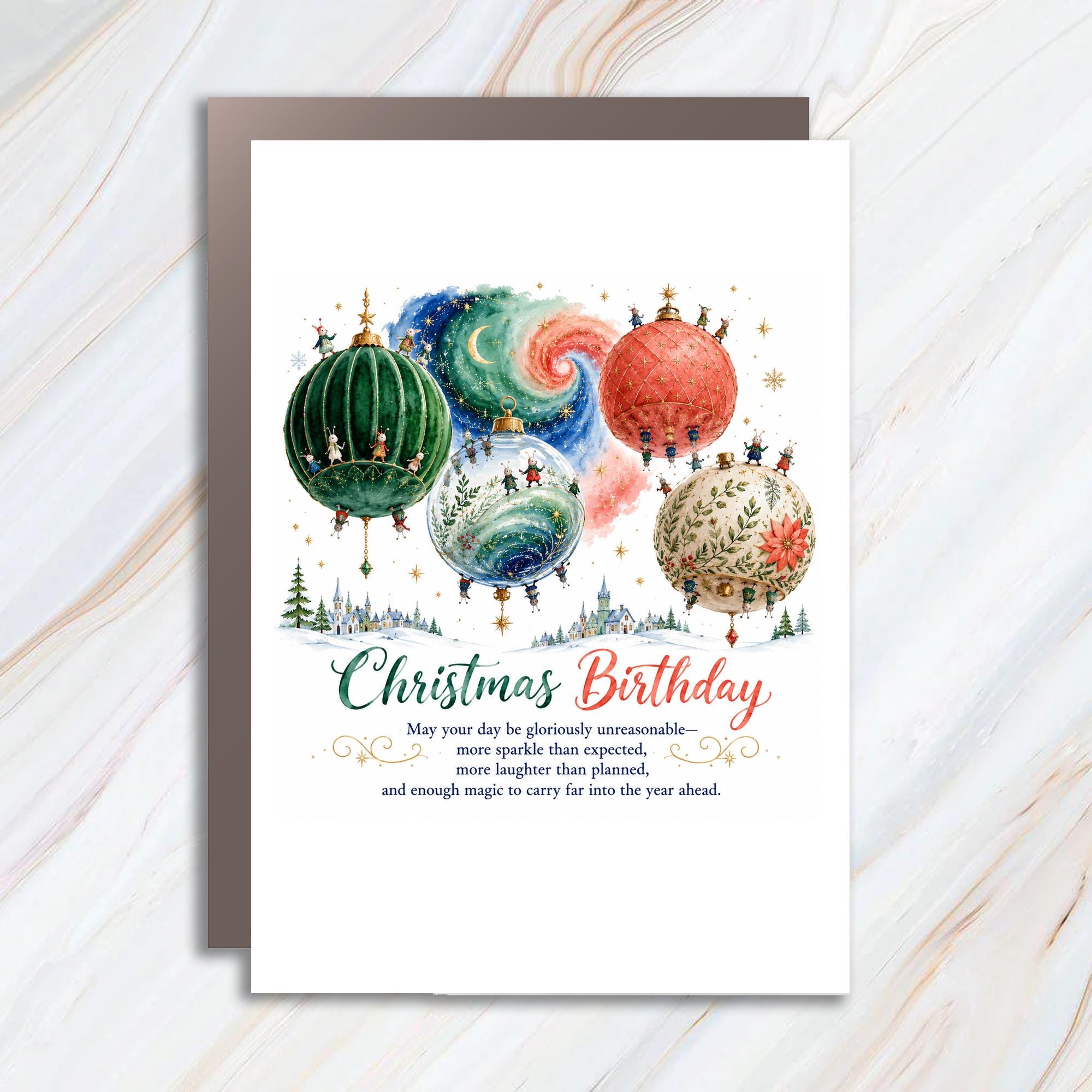 Christmas Birthday Card Festive Ornaments Winter Scene Holiday Greeting Card Magical Celebration For Friend Family C1452
