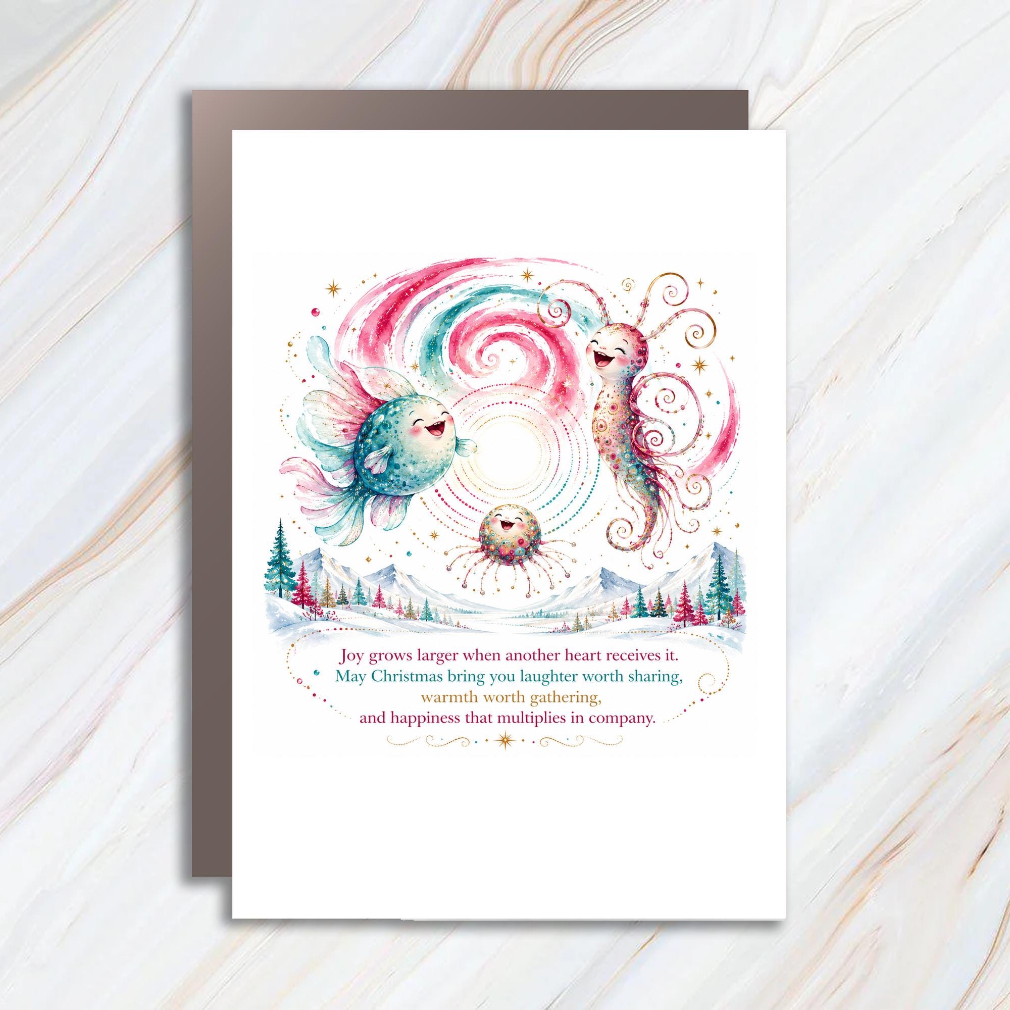 Joy Grows Larger When Another Heart Receives It Christmas Card Whimsical Holiday Greeting Card Cute Festive C1453
