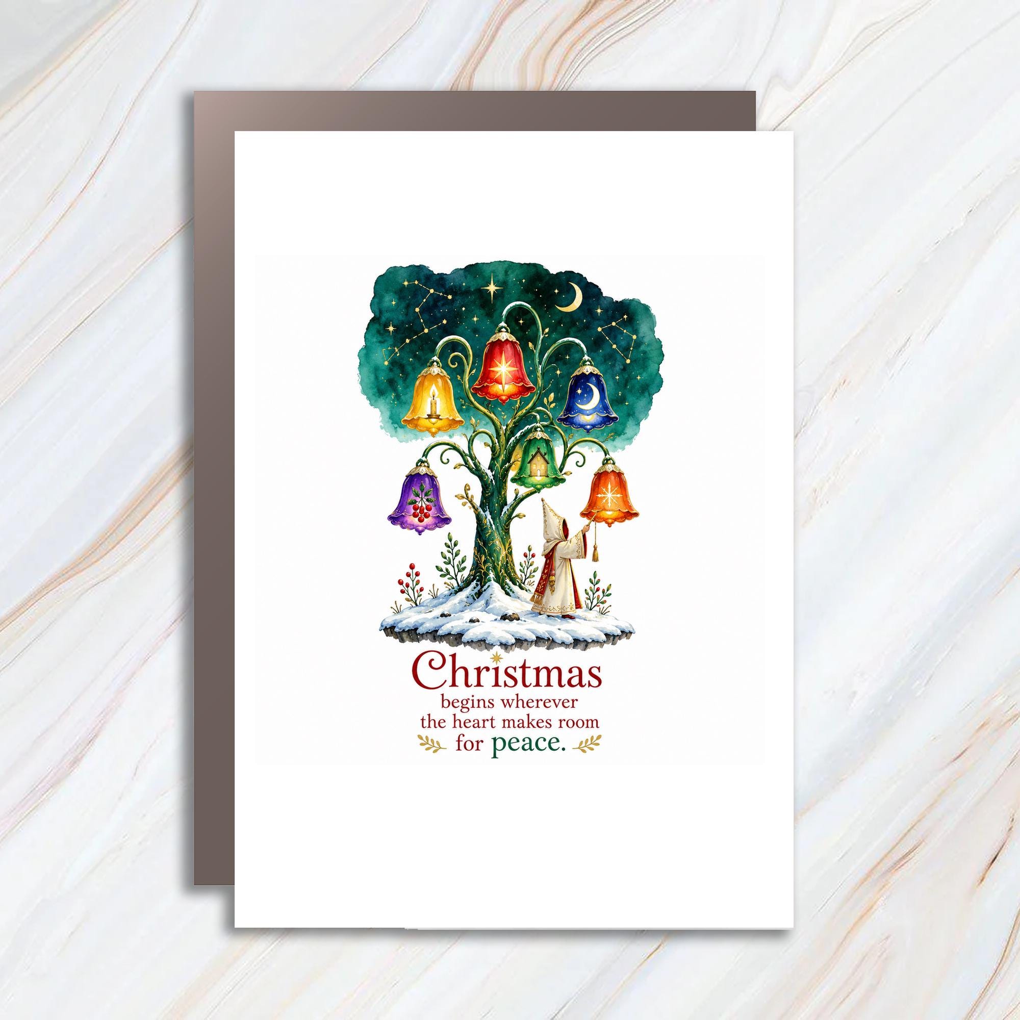 Christmas Begins Wherever The Heart Makes Room For Peace Christmas Card Holiday Greeting Card Festive Tree C1436
