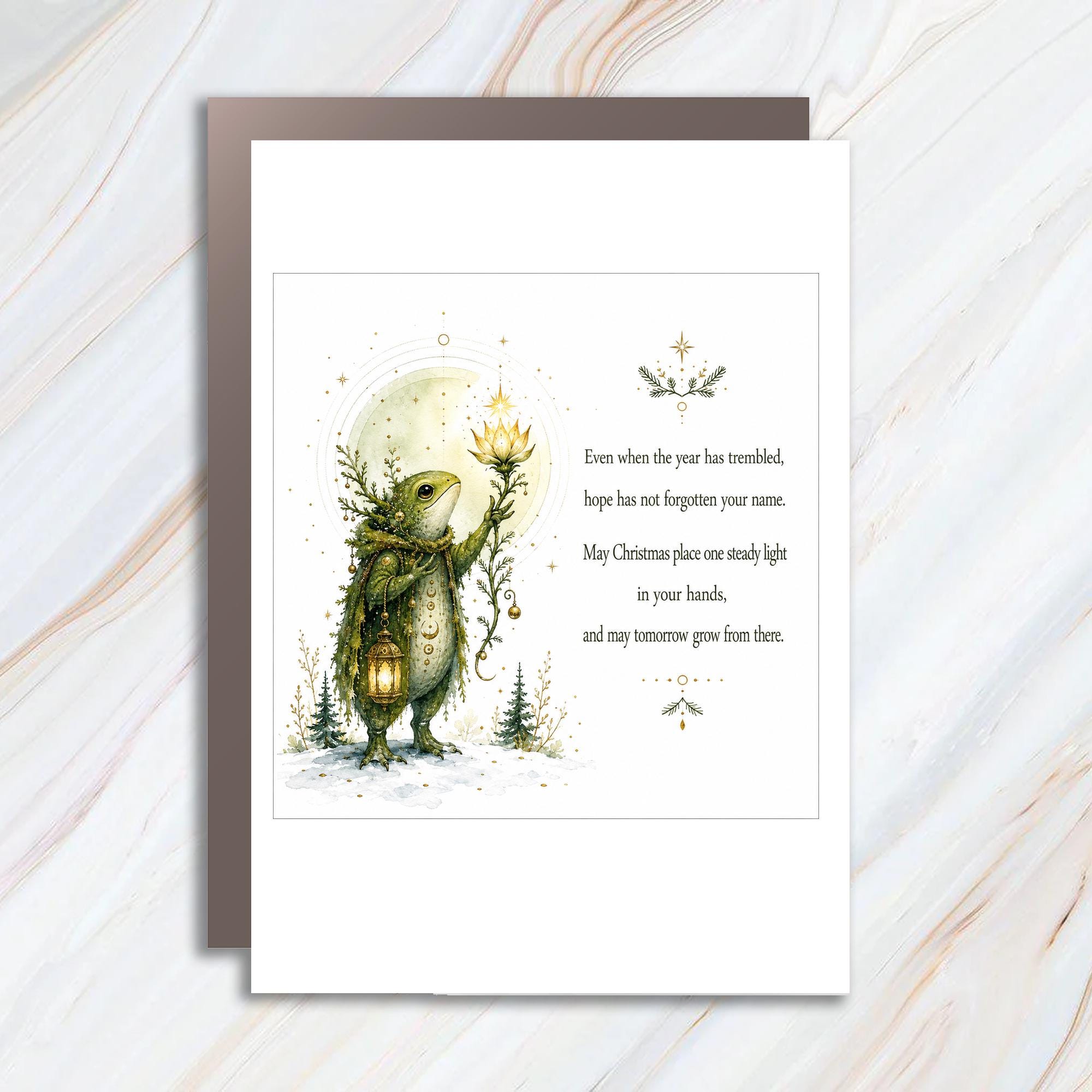 Even When The Year Has Trembled Christmas Card Hopeful Holiday Greeting Frog Lantern Art Festive Card For Friends Family C1446