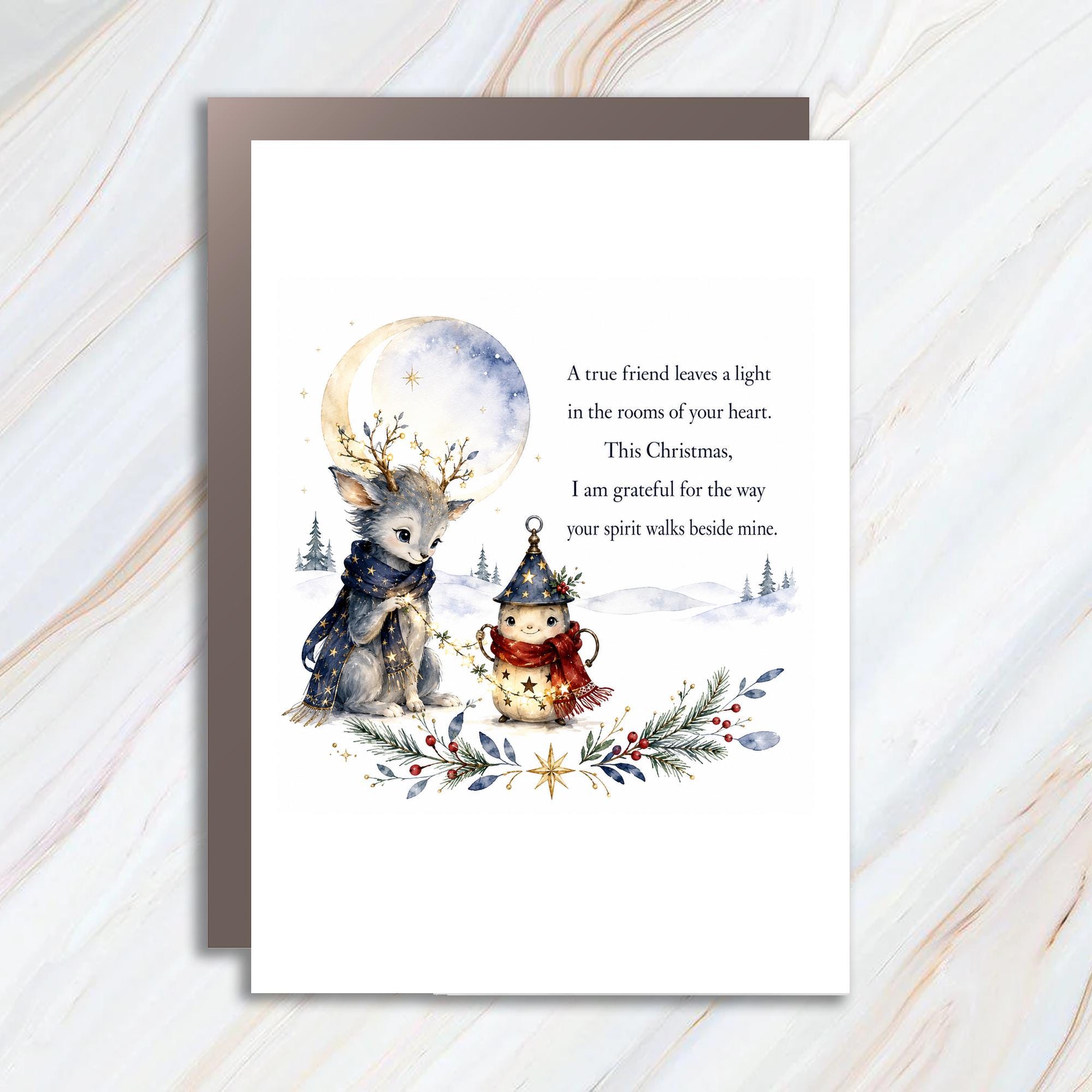 A True Friend Leaves A Light Christmas Card Woodland Creature Lantern Holiday Greeting Card For Friend Heartfelt Message C1460