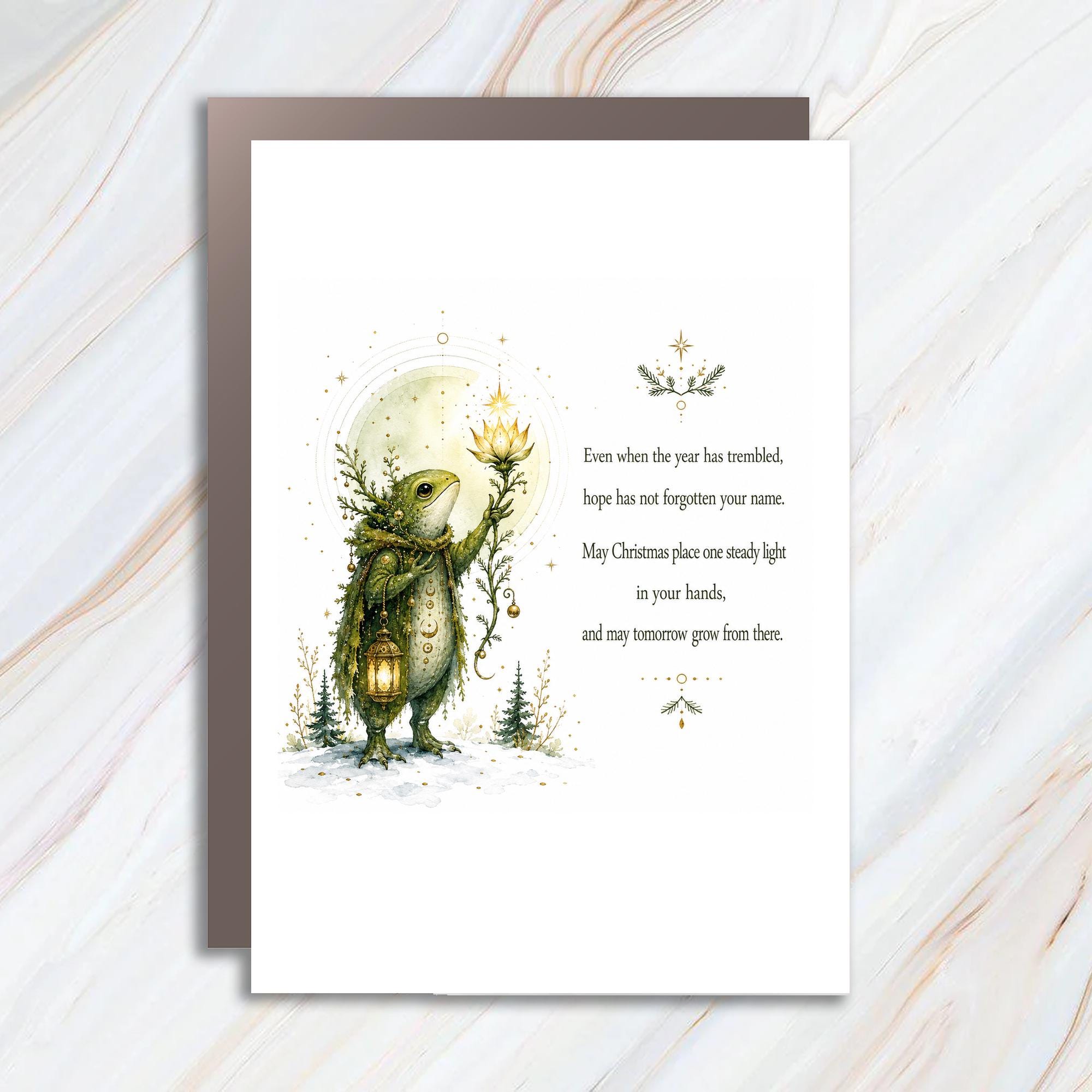 Even When The Year Has Trembled Christmas Card Hopeful Holiday Greeting Card Frog Lantern Art For Friend Family C1461