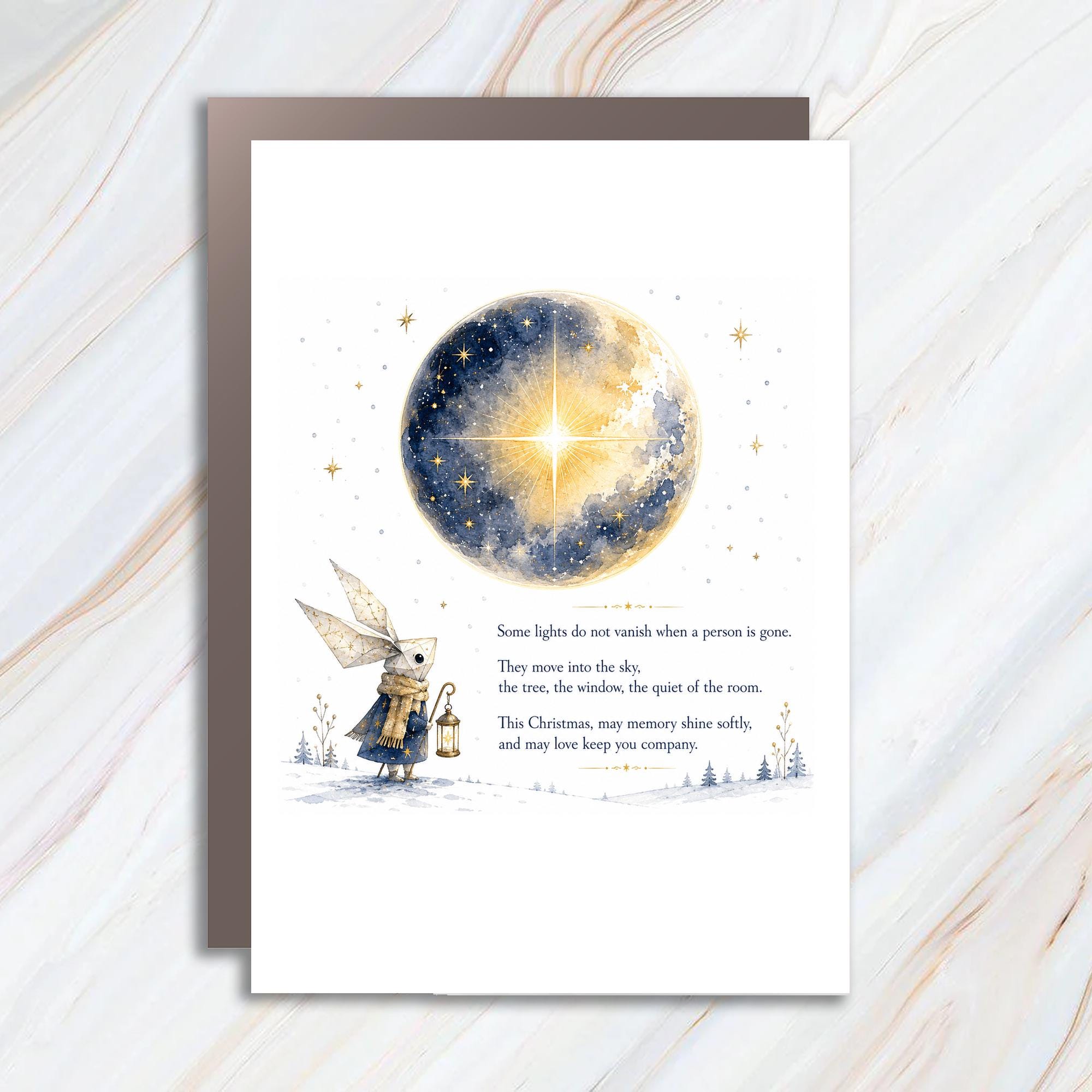 Some Lights Do Not Vanish Christmas Card Sentimental Holiday Greeting Card Moon Rabbit Lantern Winter Scene C1462