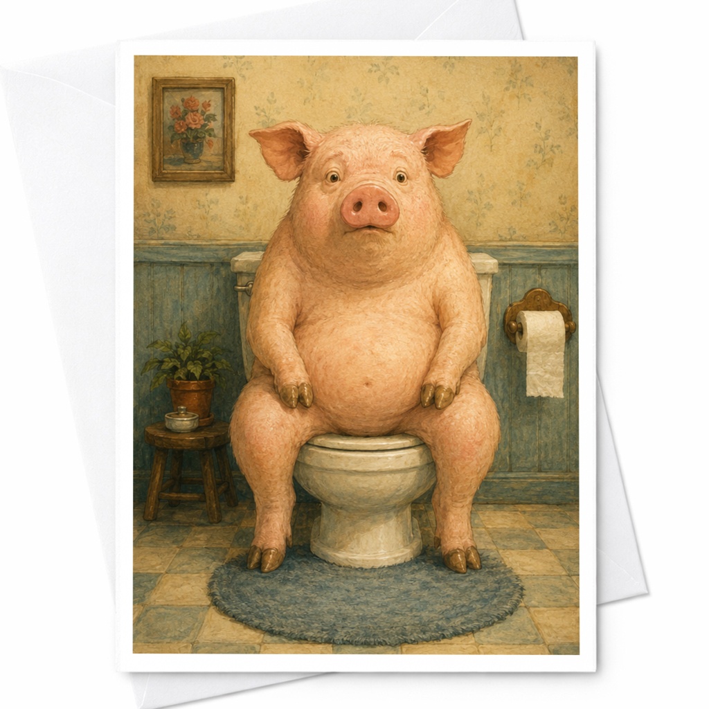 Funny Pig On Toilet Greeting Card Animal Card For Friend Cute Quirky Everyday Card Whimsical Art Card C6394