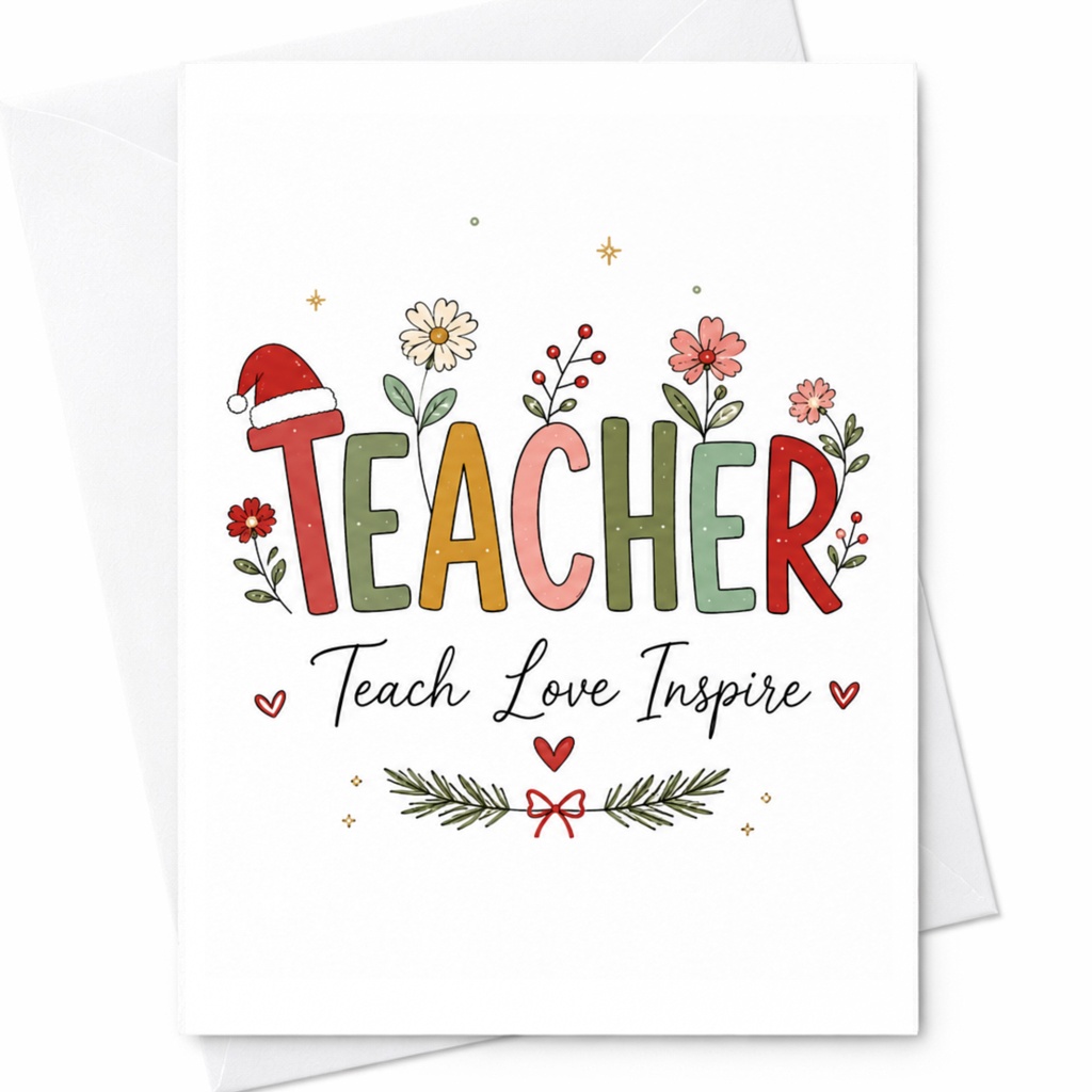 Teacher Teach Love Inspire Christmas Card Festive Holiday Greeting Card For Teacher Appreciation Cute Floral C6402