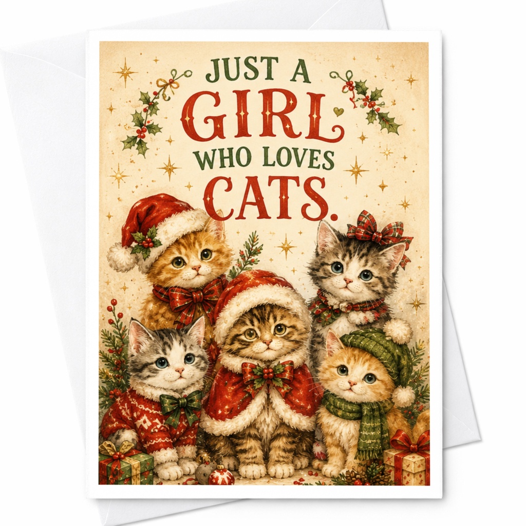 Just A Girl Who Loves Cats Christmas Card Cute Cat Lover Holiday Greeting Card Festive Cats For Her Animal Lover C6404