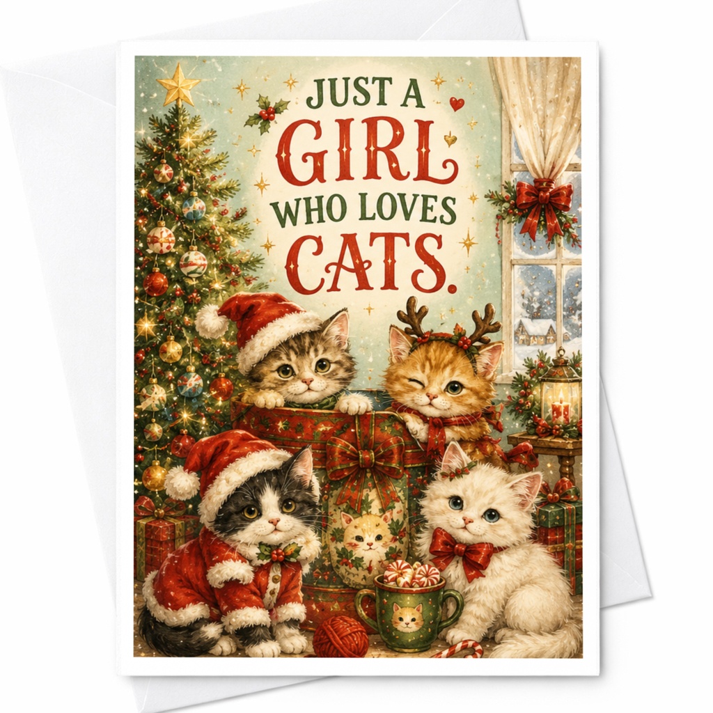 Just A Girl Who Loves Cats Christmas Card Cute Cat Lover Holiday Greeting Card Festive Cats For Her Animal Lover C6405