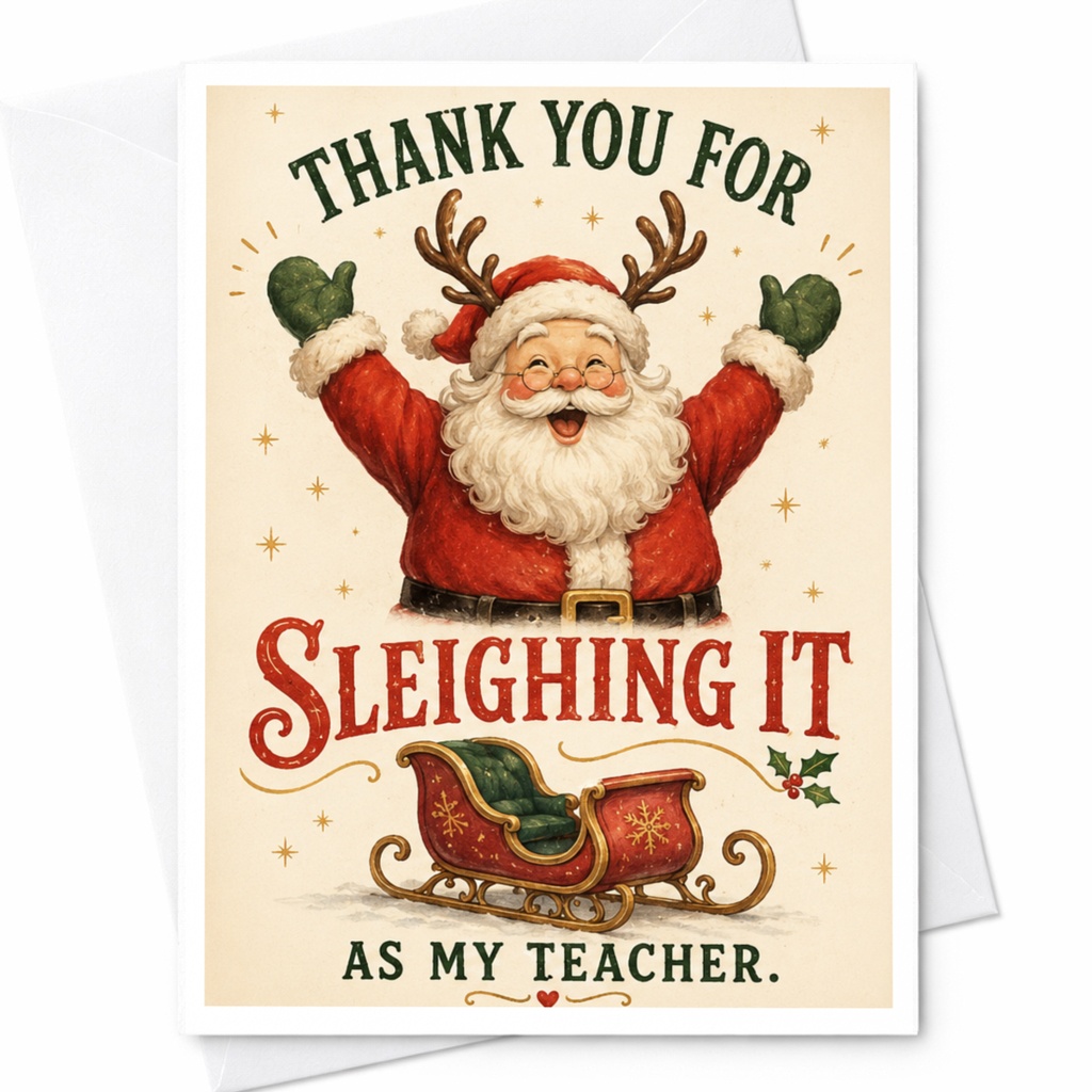 Thank You For Sleighing It As My Teacher Christmas Thank You Card Santa Sleigh Holiday Greeting Card For Teacher C6406