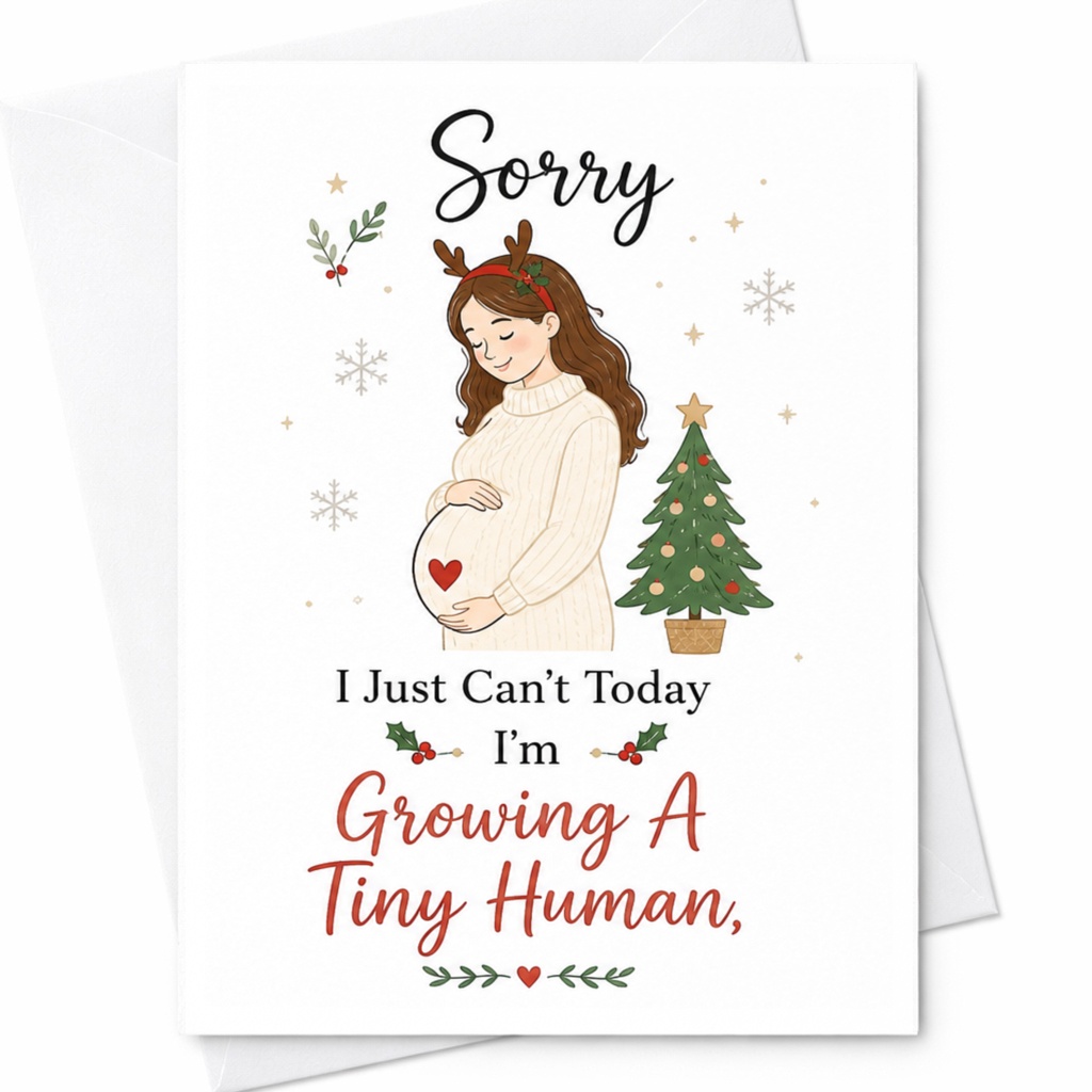 Sorry I Just Can’t Today I’m Growing A Tiny Human Christmas Card Pregnant Mom Holiday Greeting Cute Expecting Mother C6376