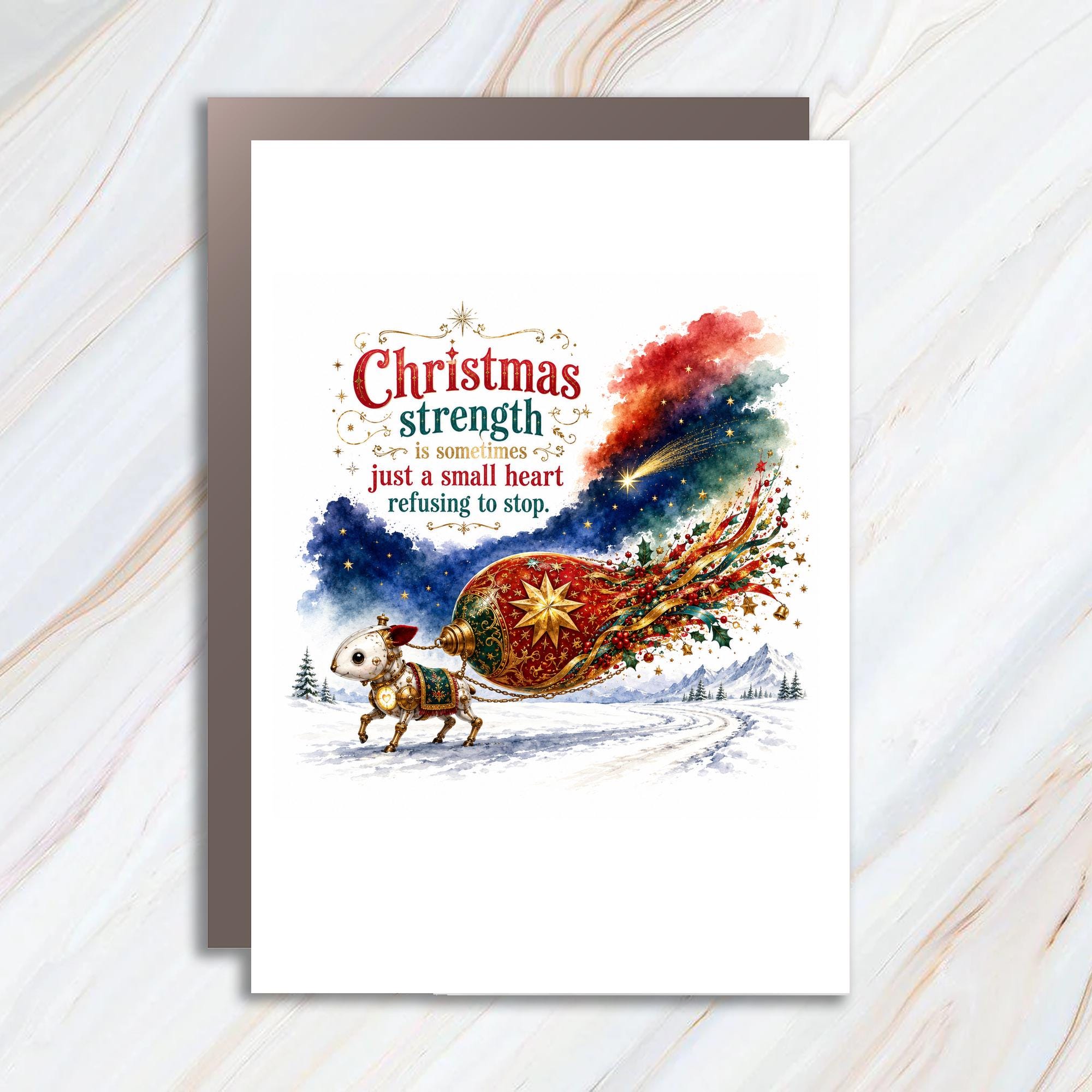 Christmas Strength Is Sometimes Just A Small Heart Refusing To Stop Christmas Card Festive Animal Art Holiday Greeting Card C1464