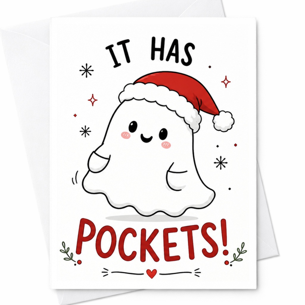 It Has Pockets! Funny Christmas Card Cute Ghost With Santa Hat Holiday Greeting Card For Friends Family Xmas Card C6425