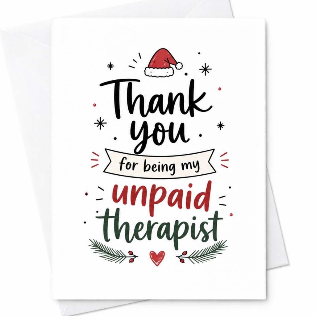 Thank You For Being My Unpaid Therapist Christmas Card Funny Holiday Greeting Card For Friend Cute Festive Santa Hat C6435