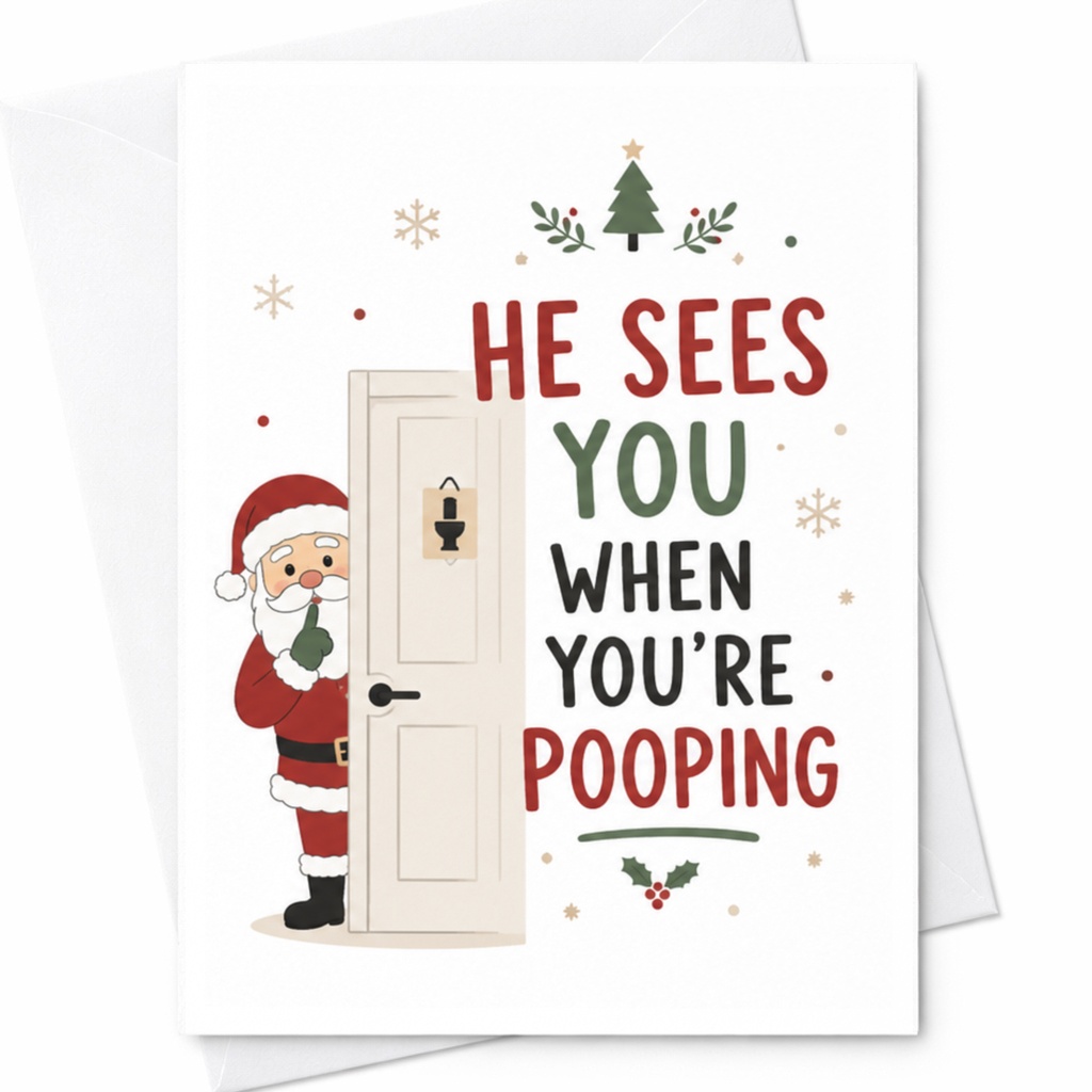 He Sees You When You're Pooping Funny Christmas Card Santa Holiday Greeting Card For Friends Family Cute Xmas Card C6441
