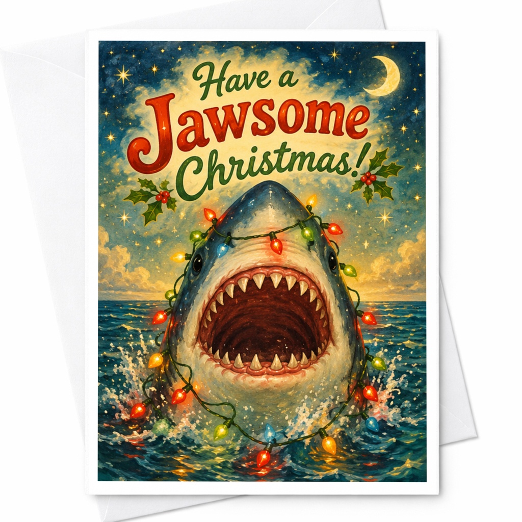 Have A Jawsome Christmas! Funny Shark Christmas Card Cute Holiday Greeting Card For Ocean Lover Festive Lights C6444