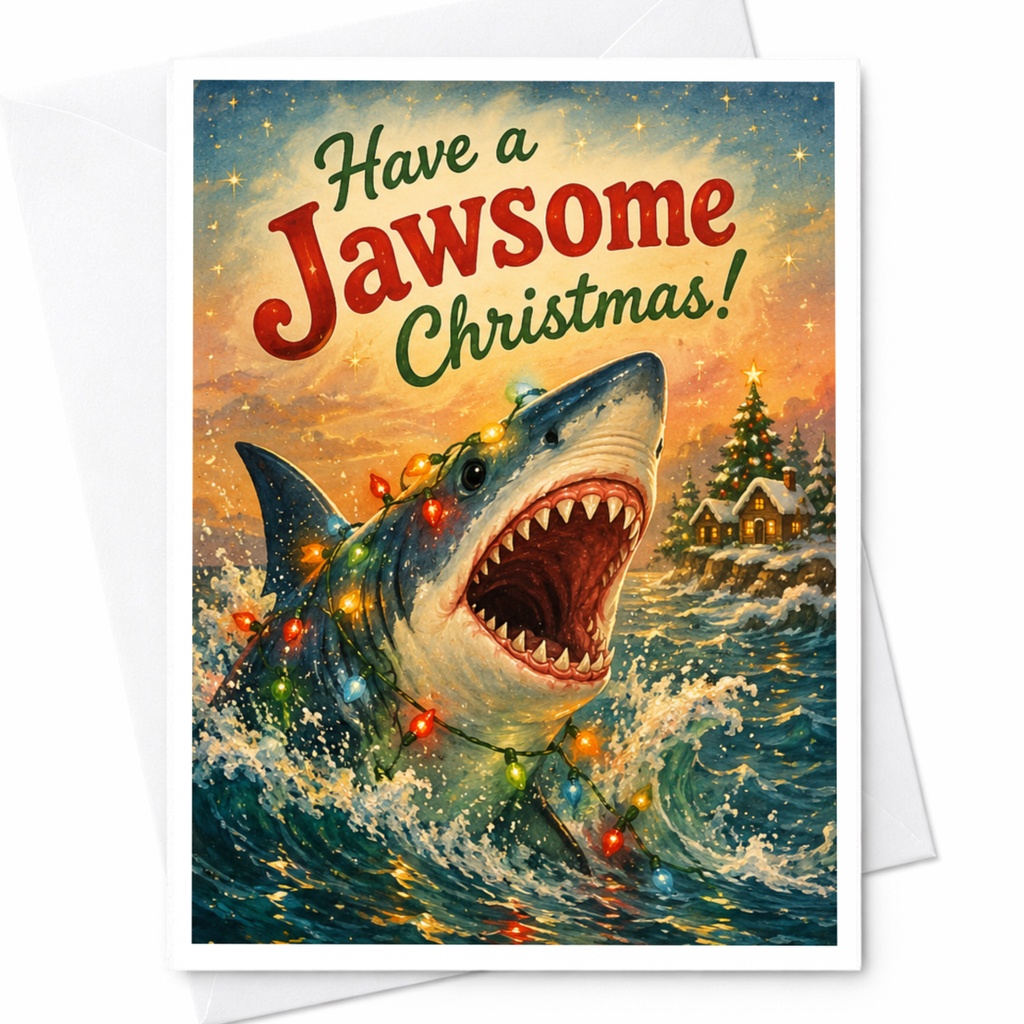 Have A Jawsome Christmas! Funny Shark Christmas Card Holiday Greeting Card For Ocean Lover Cute Festive Card C6445