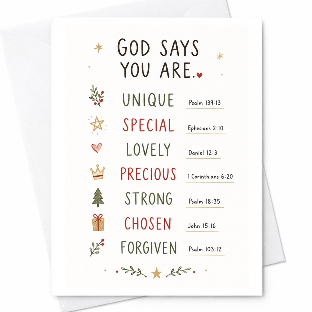 God Says You Are: Unique Special Lovely Precious Strong Chosen Forgiven Encouragement Card Religious Affirmation Christian C6448